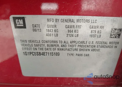 2014 Chevrolet Cruze 1Lt Auto z USA, uszkodzony, nr VIN 1G1PC5SB4E7115189